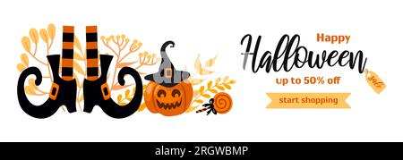 Bonne vente halloween. Bannière horizontale vectorielle lumineuse dans le style de dessin animé. Citrouille jack-o-lanterne, chapeau de sorcière, bas rayés, chaussures, sucette, automne Illustration de Vecteur