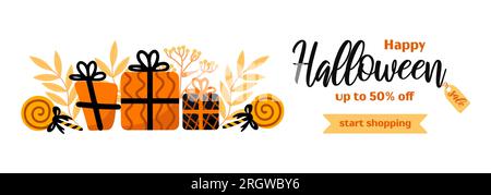 Bonne vente halloween. Bannière horizontale lumineuse dans le style de dessin animé dans les tons orange et noir. Sucette, cadeaux, feuilles d'automne. Pour bannière publicitaire, pos Illustration de Vecteur