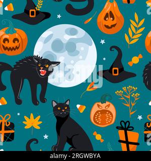 Halloween Seamless motif chat noir, pleine lune, chapeau de sorcière, cadeaux, bonbons. Sur fond vert. Illustration lumineuse dans le style de bande dessinée. Pour la pépinière, wa Illustration de Vecteur