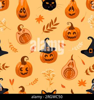Motif vectoriel sans couture brillant Halloween. Citrouille jack-o-lanterne, chapeau de sorcière, feuilles d'automne, herbes et fleurs sur fond jaune. Pour pépinière, wal Illustration de Vecteur