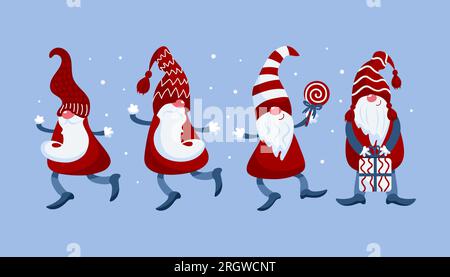 Ensemble vectoriel lumineux de mignons petits gnomes de Noël dans des casquettes avec sucette, cadeau. Dans différentes poses, dansez, courez, tenez-vous sous la neige. couleurs bleu-rouge. Illustration de Vecteur