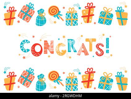 Lettrage de félicitations. Texte de félicitations dans le style scandinave, décoré avec sucette, cadeaux, étoiles volantes. Pour noël, nouvel an, enfant, affiche, ca Illustration de Vecteur