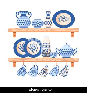 Étagères de cuisine avec ustensiles. Plats en céramique faits à la main, ornements ethniques. amphores, vases, assiette, pots, bol avec motifs ethniques. Confort à la maison, hygg Illustration de Vecteur