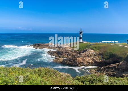 Le phare sur isla Pancha en Galice, côte atlantique de l'Espagne Banque D'Images