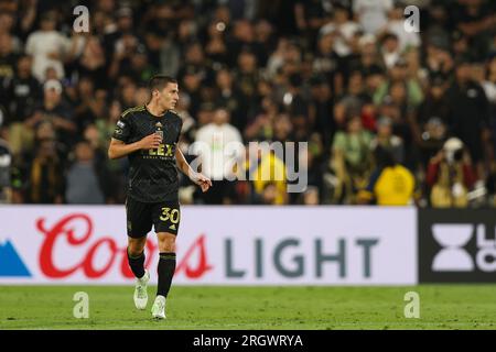 Los Angeles, Californie, États-Unis. 11 août 2023. Le défenseur du Los Angeles FC SERGI PALENCIA (30) regarde lors d'un match de coupe des ligues entre le Los Angeles FC et C.F. Monterrey au Rose Bowl Stadium de Pasadena, CA. (Image de crédit : © Brenton Tse/ZUMA Press Wire) USAGE ÉDITORIAL SEULEMENT! Non destiné à UN USAGE commercial ! Crédit : ZUMA Press, Inc./Alamy Live News Banque D'Images