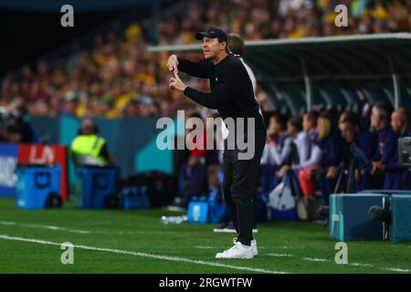 Tony Gustavsson Manager australien donne des instructions à son équipe lors du match de quart de finale de la coupe du monde féminine de la FIFA 2023 Australie femmes vs France femmes au Suncorp Stadium, Brisbane, Australie, 12 août 2023 (photo de Patrick Hoelscher/News Images) Banque D'Images