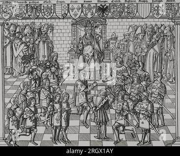 Pape urbain II (1042-1099) prêchant au concile de Clermont. Il a été convoqué en novembre 1095 et a déclenché la première croisade en déclarant la guerre sainte (bellum sacrum) contre les musulmans pour libérer la Terre Sainte. Fac-similé d'une gravure du Grand Voyage de Hierusalem, imprimée à Paris en 1522. « Vie militaire et religieuse au Moyen Age et à l'époque de la Renaissance ». Paris, 1877. Banque D'Images