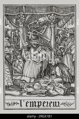 L'Empereur visité par la mort. Fac-similé d'une gravure, appartenant à la série 'la danse de la mort' de Hans Holbein le Jeune, dans 'les Simulachres et histoires faciées de la mort', 1538. « Vie militaire et religieuse au Moyen Age et à l'époque de la Renaissance ». Paris, 1877. Banque D'Images