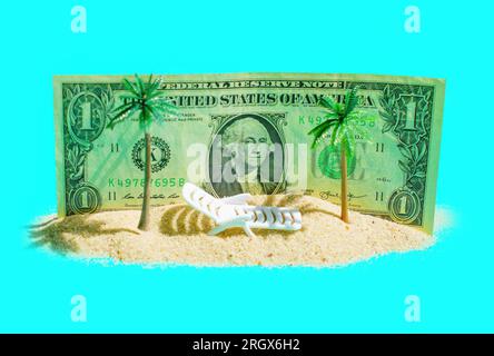 Arrangement ludique de palmiers jouets et une chaise de plage dans un tas de sable sur fond d'un dollar isolé sur bleu. Aspirations financières, Holi Banque D'Images