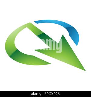Icône lettre Q en forme de flèche brillante verte et bleue sur fond blanc Banque D'Images