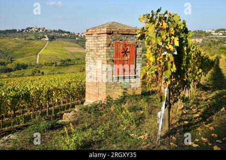 vieux puits d'eau et beaux vignobles pendant la saison d'automne. Situé près de Greve in Chianti (Florence). Toscane en Italie. Banque D'Images