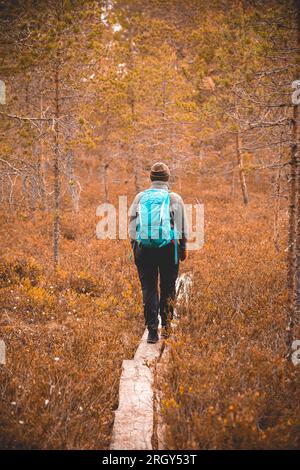 une randonneuse marchant sur des duckboards. concept de randonnée. Banque D'Images