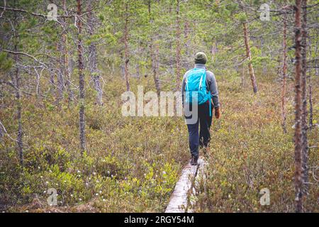 une randonneuse marchant sur des duckboards. concept de randonnée. Banque D'Images