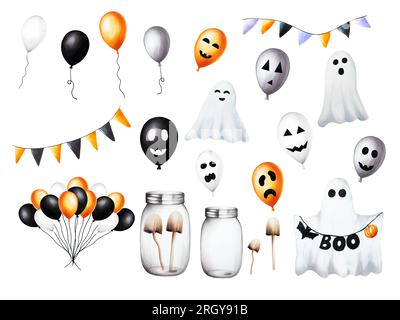 Illustrations d'Halloween aquarelle avec des visages effrayants sur des baloons, des drapeaux de fête, de la citrouille, des tabourets de toadstool dans un bocal, des fantômes. Peinture à la main orange, noir, blanc Banque D'Images