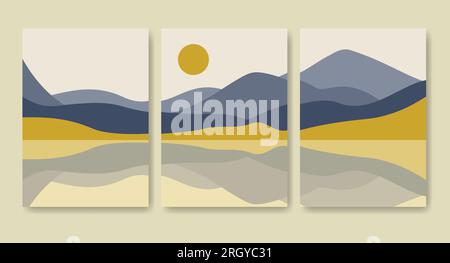 Paysage minimaliste esthétique avec lac et montagnes ensemble d'art mural imprimable Illustration de Vecteur