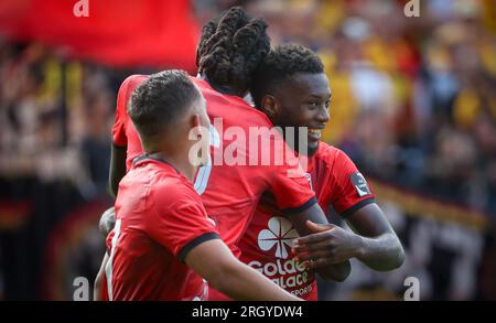 Bruxelles, Belgique. 12 août 2023. Christophe Mickael Biron de Rwdm célèbre après avoir marqué lors d'un match de football entre RWD Molenbeek et KV Mechelen, samedi 12 août 2023 à Bruxelles, le jour 3/30 de la 2023-2024 'Jupiler Pro League' première division du championnat belge. BELGA PHOTO TOM GOYVAERTS crédit : Belga News Agency/Alamy Live News Banque D'Images