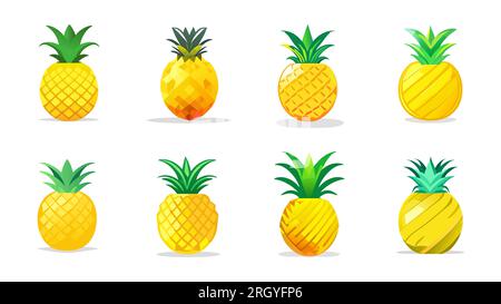 Ensemble d'ananas de différents types dans le style plat. Collection d'ananas jaunes à feuilles vertes, vecteur isolé sur blanc. Pour graphique, desi web Illustration de Vecteur