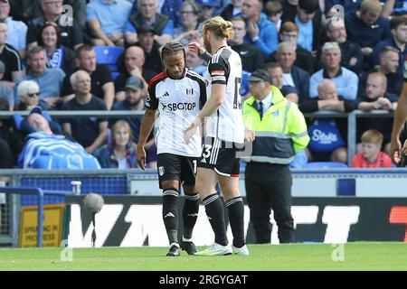 Everton, Royaume-Uni. 12 août 2023. Bobby de Cordova-Reid de Fulham (1) célèbre avec son coéquipier Tim Ream après avoir marqué le 1e but de son équipe. Match de Premier League, Everton contre Fulham au Goodison Park à Liverpool le samedi 12 août 2023.cette image ne peut être utilisée qu'à des fins éditoriales. Usage éditorial uniquement, licence requise pour un usage commercial. Aucune utilisation dans les Paris, les jeux ou les publications d'un seul club/ligue/joueur. photo de Chris Stading/Andrew Orchard photographie sportive/Alamy Live News crédit : Andrew Orchard photographie sportive/Alamy Live News Banque D'Images