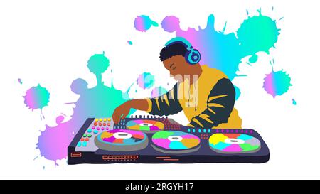 dj afro-américain jouant de la musique sur dj tourne-disque à la fête. Équipement DJ, dj tourne des disques vinyles de musique colorés. Illustration vectorielle isolée sur blanc ba Illustration de Vecteur