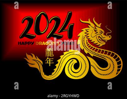 2024 symbole de l'année dragon chinois. Traduction chinoise : année du Dragon. Modèle vectoriel pour carte de voeux, affiche, invitation sur le dos rouge et noir Illustration de Vecteur