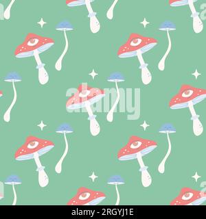 Seamless Groovy Pattern. Mushrooms, psychedelic, style, 70's Illustration de Vecteur