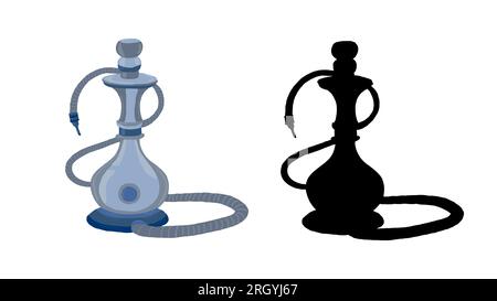 Narguilé en verre bleu et silhouette narguilé noir, illustration vectorielle isolée sur fond blanc. Attribut pour fumer. Arabe, shisha turque avec sm Illustration de Vecteur