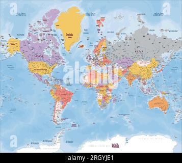 Carte politique détaillée du monde projection Mercator en langue espagnole Illustration de Vecteur