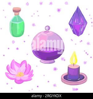 Ensemble de choses magiques flacon en verre violet flacon en cristal bougie fleur vert flacon avec potion. Elixir magique. Attributs de sorcière. Alchimie, spiritualité, chimiste Illustration de Vecteur