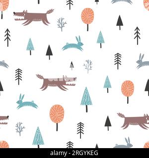 Motif scandinave sans couture avec loup mignon, lièvres et arbres. Fond forestier. Illustration de Vecteur