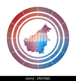 Badge Bornéo. Logo dégradé lumineux d'îlot dans le style bas poly. Panneau Bornéo arrondi multicolore avec carte dans un style géométrique pour vos infographies. Illustration de Vecteur