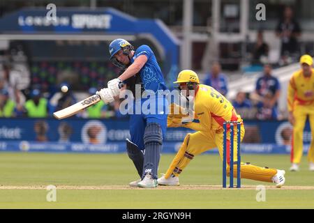 Londres, Royaume-Uni. 12 août 2023. DaN Lawrence Batting dans le rôle du London Spirit affronte les Trent Rockets dans la compétition des cent hommes à Lords. Crédit : David Rowe/Alamy Live News Banque D'Images