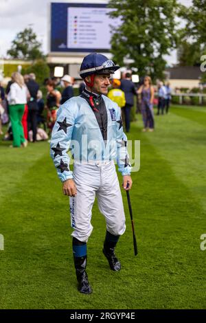 Le jockey Olivier Peslier lors de la journée Dubai Duty Free Shergar Cup à l’hippodrome d’Ascot. Date de la photo : Samedi 12 août 2023. Banque D'Images