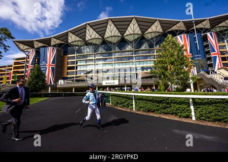 Le jockey Olivier Peslier lors de la journée Dubai Duty Free Shergar Cup à l’hippodrome d’Ascot. Date de la photo : Samedi 12 août 2023. Banque D'Images