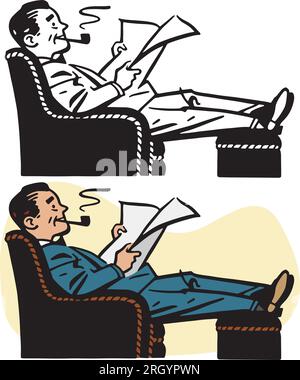 Un dessin animé rétro vintage d'un homme se détendant sur une chaise longue lisant un journal et fumant une pipe. Illustration de Vecteur