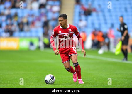 Coventry le samedi 12 août 2023. Samuel Silvera (18 Middlesborough) contrôle le ballon lors du Sky Bet Championship Match entre Coventry City et Middlesbrough au Coventry Building Society Arena, Coventry le samedi 12 août 2023. (Photo : Kevin Hodgson | MI News) crédit : MI News & Sport / Alamy Live News Banque D'Images