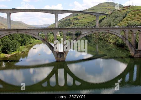 Ponts traversant le fleuve Douro à l'est de Porto dans la région viticole portugaise, vignobles en terrasse sur les pentes en arrière-plan, Peso da Regua, Portugal Banque D'Images