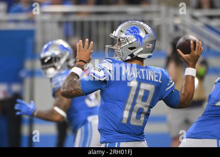 DETROIT, MI - 11 AOÛT : le QB des Detroit Lions Adrian Martinez (18) en action lors du match entre les New York Giants et les Detroit Lions le 11 août 2023 au Ford Field à Detroit, MI (photo par Allan Dranberg/CSM) Banque D'Images