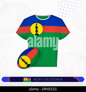 Maillot de rugby Nouvelle-Calédonie avec ballon de rugby de Nouvelle-Calédonie sur fond sportif abstrait. Motif jersey. Illustration de Vecteur