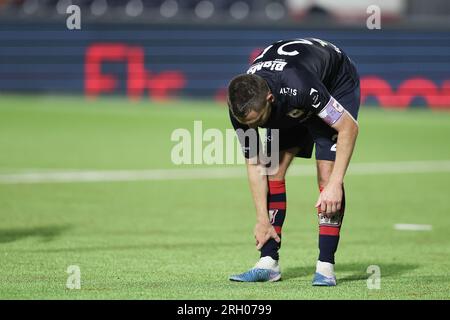 Liège, Belgique. 12 août 2023. Les joueurs de Liège semblent déprimés après un match de football entre le RFC Liège et Dender EH, samedi 12 août 2023 à Liège, le jour 1/30 de la 2023-2024 'Challenger Pro League' deuxième division du championnat belge. BELGA PHOTO BRUNO FAHY crédit : Belga News Agency/Alamy Live News Banque D'Images