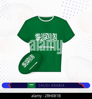 Maillot de rugby de l'Arabie saoudite avec ballon de rugby de l'Arabie saoudite sur fond sportif abstrait. Motif jersey. Illustration de Vecteur