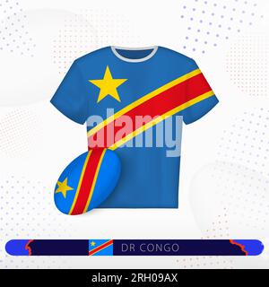 Maillot de rugby DR Congo avec ballon de rugby DR Congo sur fond sportif abstrait. Motif jersey. Illustration de Vecteur