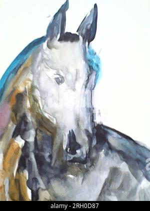 Tête de cheval blanche sur gris pour solutions intérieures ou tissus. Portrait de cheval dessiné à la main aquarelle pour les concepts d'affaires, papier peint, affiches, impressions Banque D'Images