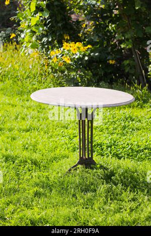 Table en marbre circulaire vide située sur une herbe verte très frappante. Idéal pour représenter l'attente, matinées détendues au soleil, petits déjeuners incontournables ou Banque D'Images