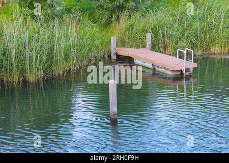 Quai vide au-dessus de l'eau d'un lac. En arrière-plan, des buissons verts. Idéal si vous avez un bateau et que vous aimez faire de la voile sur les lacs, si vous êtes un fa Banque D'Images