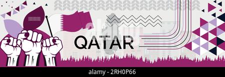 QATAR Map et poings levés. Journée nationale ou jour de l'indépendance pour la célébration DU QATAR. Design rétro moderne avec icônes abstraites. Vecteur Illustration de Vecteur