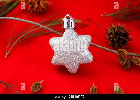 Étoile d'argent, décoration de noël avec fond de feuilles sèches et de branches de pin Banque D'Images