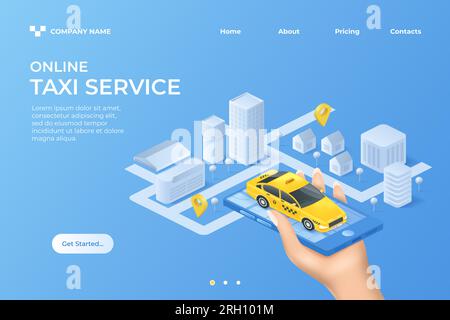 Page d'accueil taxi. Bannière isométrique de l'application Web. Téléphone avec voiture sur l'écran. Taxi urbain jaune. Navigation dans les rues. Route urbaine. Smartphone en main. Automobil Illustration de Vecteur