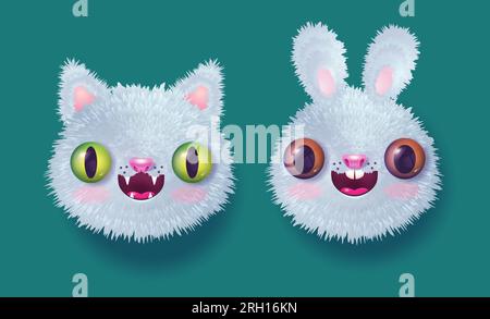 Illustration vectorielle d'un chat mignon et d'un lapin pour la nouvelle année dans un style réaliste. Icônes vectorielles de lapin Kawaii et têtes de chat pour 2023 année. Bunny et k Illustration de Vecteur