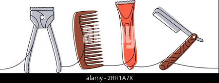 Outils de coiffeur une ligne de dessin continu coloré. Vieille tondeuse électrique, peigne à cheveux, lame de rasoir tranchante illustration continue d'une ligne. Illustration de Vecteur
