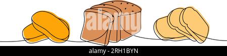 Pains de blé tranchés dessin continu coloré d'une ligne. Pain de blé et de grain entier, ciabatta, pain grillé illustration continue d'une ligne. Illustration de Vecteur